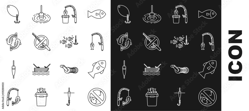 Set line No fishing, Fish, Fishing rod and, spoon and hook under water with icon. Vector