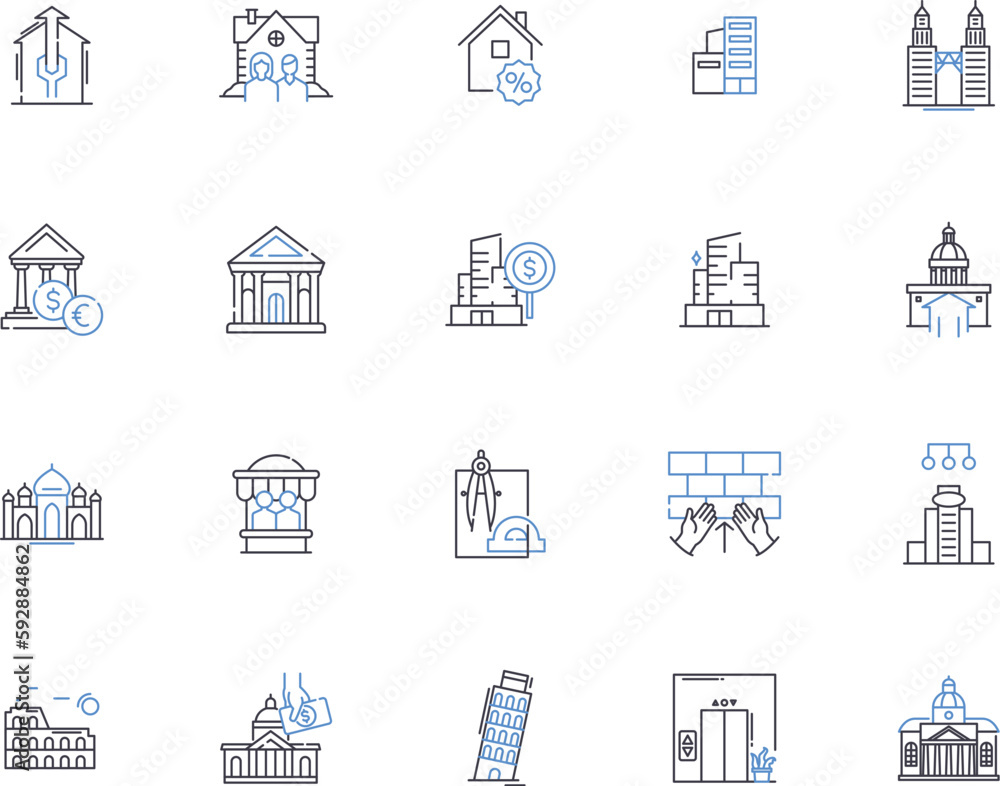 Buildings outline icons collection. Architecture, Structures, Edifices, Skylines, Infrastructures, Skyscrapers, Facades vector and illustration concept set. Turrets, Spires, Columns linear signs
