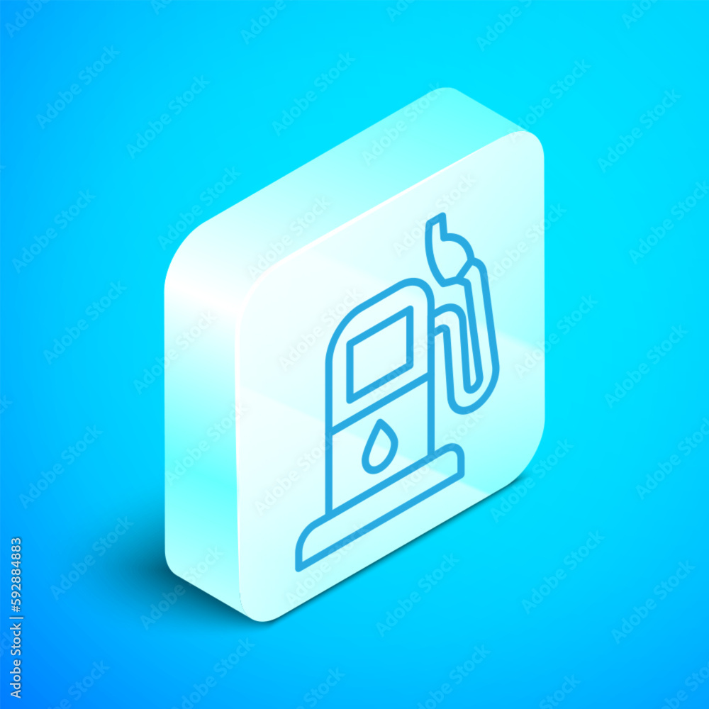 Isometric line Petrol or gas station icon isolated on blue background. Car fuel symbol. Gasoline pump. Silver square button. Vector Isometric line Petrol or gas station icon isolated on blue background. Car fuel symbol. Gasoline pump. Silver square button. Vector