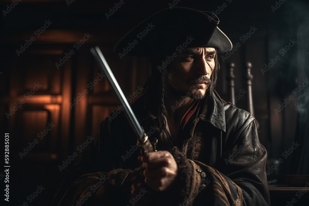 pirate captain corsair in costume and hat on medieval ship at sea. Generative AI pirate captain corsair in costume and hat on medieval ship at sea. Generative AI