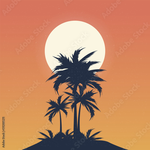 Illustration of a beach with plenty of palm trees in the sunset sky