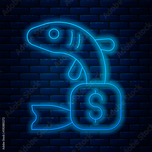 Glowing neon line Price tag for fish icon isolated on brick wall background. Vector