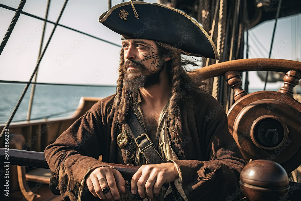 Fototapeta premium portrait of medieval pirate in costume and hat on deck of a ship. Generative AI