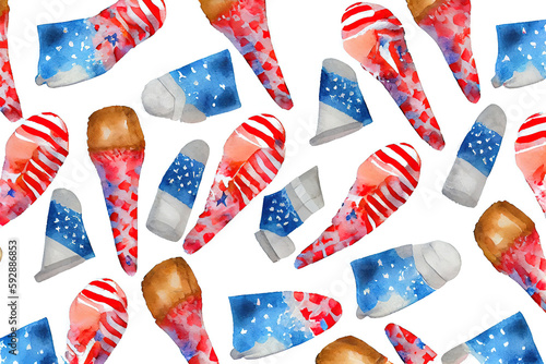 Watercolor pattern, beach slippers, fireworks, ice cream in a cone. All elements in the colors of the USA flag. Generative Ai photo