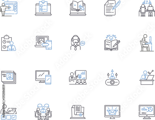 Working outline icons collection. Employing, Occupying, Laboring, Functioning, Earning, Performing, Executing vector and illustration concept set. Operating,Plying,Acting linear signs