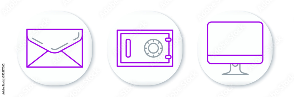 Set line Computer monitor screen, Envelope and Safe icon. Vector Set line Computer monitor screen, Envelope and Safe icon. Vector