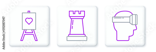 Set line Virtual reality glasses, Wood easel or painting art boards and Chess symbol icon. Vector