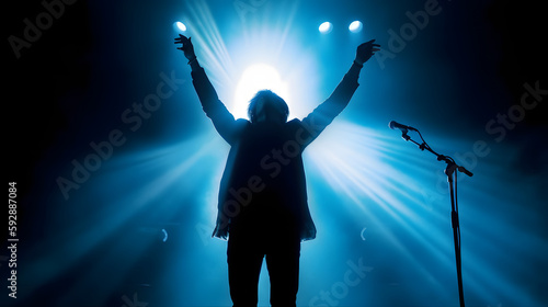 Photography silhouette of rock star on stage with two arms in the air, holding a mic in left hand