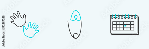 Set line Calendar, Baby hands print and Classic steel safety pin icon. Vector