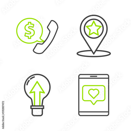 Set line Mobile phone and like with heart, Light bulb, Map pointer star and Telephone handset speech bubble chat icon. Vector