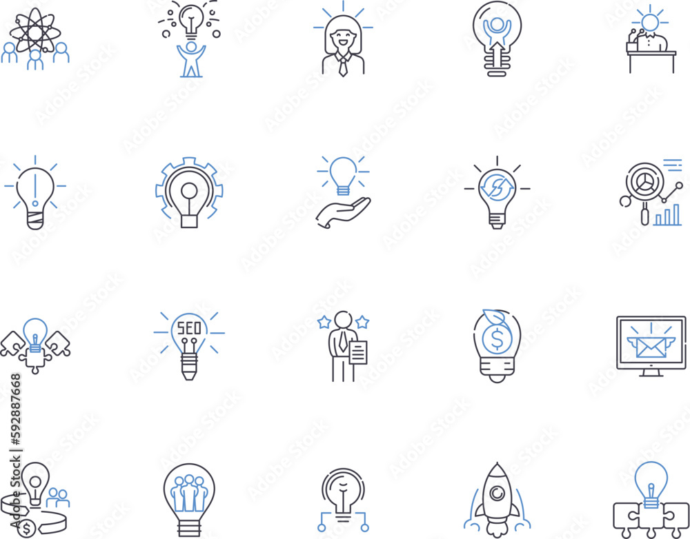 Idea generation outline icons collection. Ideas, Generation, Brainstorming, Creativity, Innovation, Inventing, Thinking vector and illustration concept set. Originality, Thought, Design linear signs