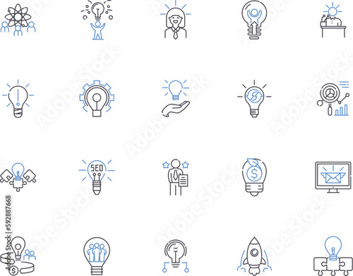 Idea generation outline icons collection. Ideas, Generation, Brainstorming, Creativity, Innovation, Inventing, Thinking vector and illustration concept set. Originality, Thought, Design linear signs