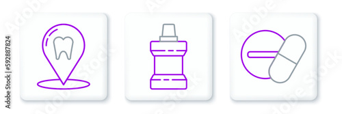 Set line Medicine pill or tablet, Dental clinic location and Mouthwash plastic bottle icon. Vector