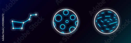 Set line Planet Mars, Great Bear constellation and Moon icon. Glowing neon. Vector