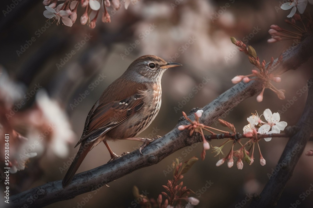 Delightfully beautiful nightingale bird on a flowering tree in spring. Generated AI. Generative AI Delightfully beautiful nightingale bird on a flowering tree in spring. Generated AI. Generative AI
