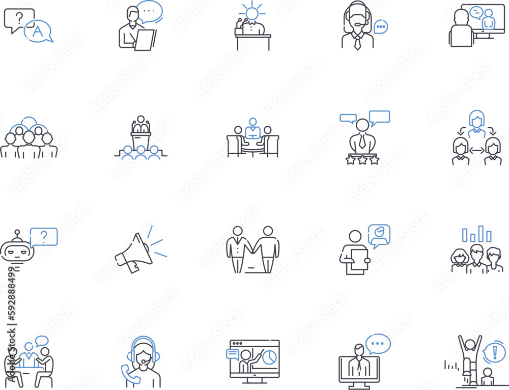 Talking people outline icons collection. Conversing, Chattering, Chatting, Discussing, Dialoguing, Interacting, Speaking vector and illustration concept set. Communicating, Gossiping, Prating linear