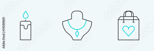 Set line Shopping bag with heart, Burning candle and Necklace on mannequin icon. Vector