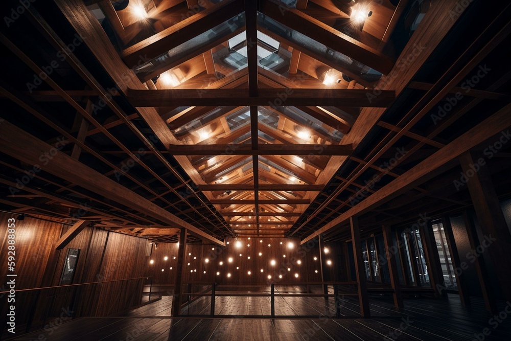 The Ceiling Of Studio Building, Roof, Beams, Bridge, Lights. スタジオ 天井 建築 照明 3D Rendering Image. Generative AI