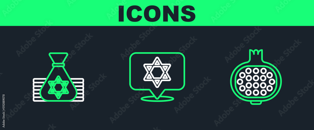 Set line Pomegranate, Jewish money bag and Star of David icon. Vector Set line Pomegranate, Jewish money bag and Star of David icon. Vector