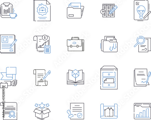 Business files and folders outline icons collection. file, folder, document, report, spreadsheet, presentation, proposal vector and illustration concept set. invoice, receipt, contract linear signs