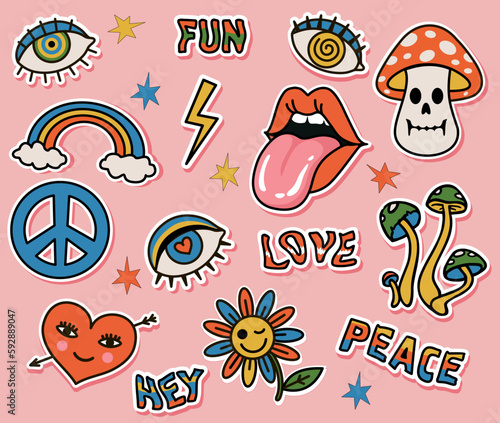 Set of hipster retro cool psychedelic elements. Funny cartoon flower, rainbow, peace, Love, heart, daisy, mushroom etc. Sticker pack in trendy retro psychedelic cartoon style from the 60s 70s. Vector