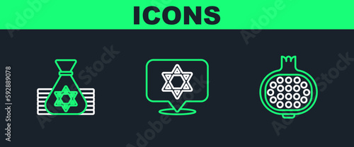Set line Pomegranate, Jewish money bag and Star of David icon. Vector