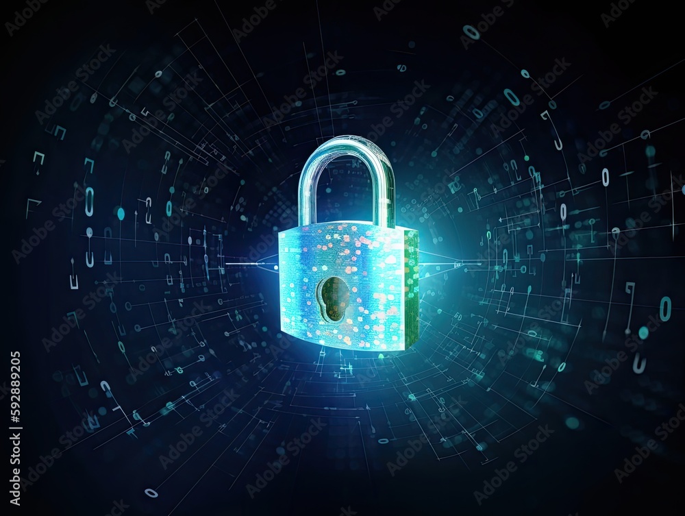 Illustration. Holographic padclock on big data background, security network concept. Ai Generative. Illustration. Holographic padclock on big data background, security network concept. Ai Generative.