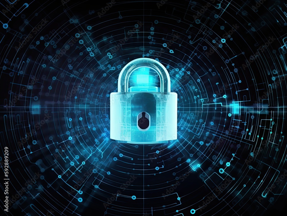 Illustration. Holographic padclock on big data background, security network concept. Ai Generative. Illustration. Holographic padclock on big data background, security network concept. Ai Generative.