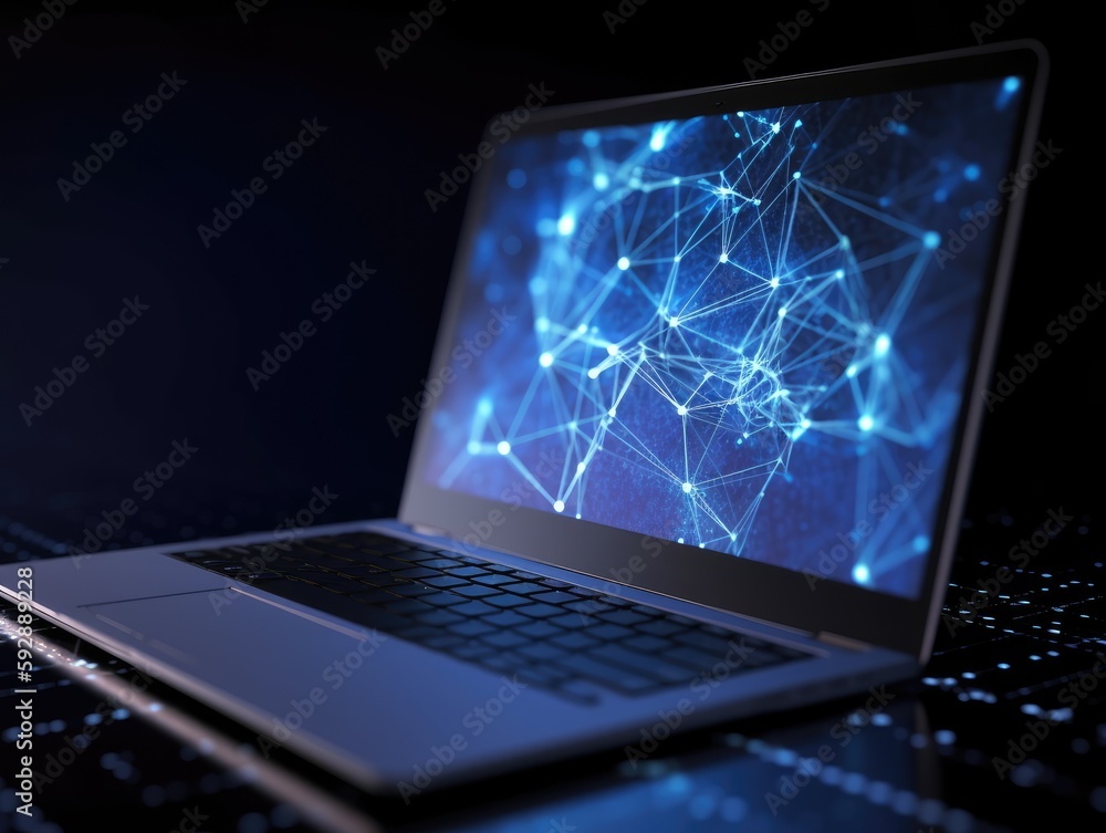 Illustration. Open laptop with big data background, Ai Generative. Illustration. Open laptop with big data background, Ai Generative.