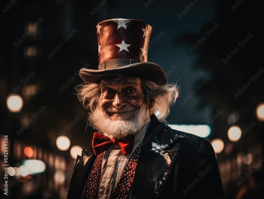 Man dressed as Uncle Sam celebrating the 4th of July in the United States. Ai Generative.