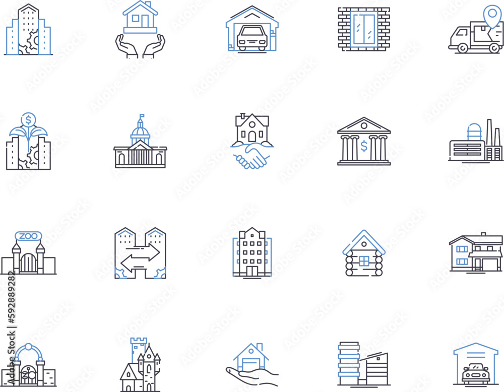 Real estate outline icons collection. Realty, Property, Broker, Studio, Condo, Mansion, Investment vector and illustration concept set. Lease, Residence, Home linear signs