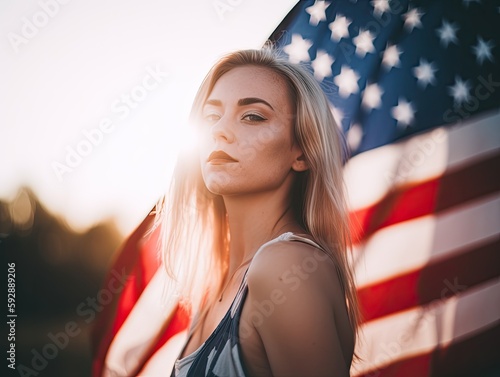 Young american woman with the USA flag on the background, 4th of July concept. Ai Generative.