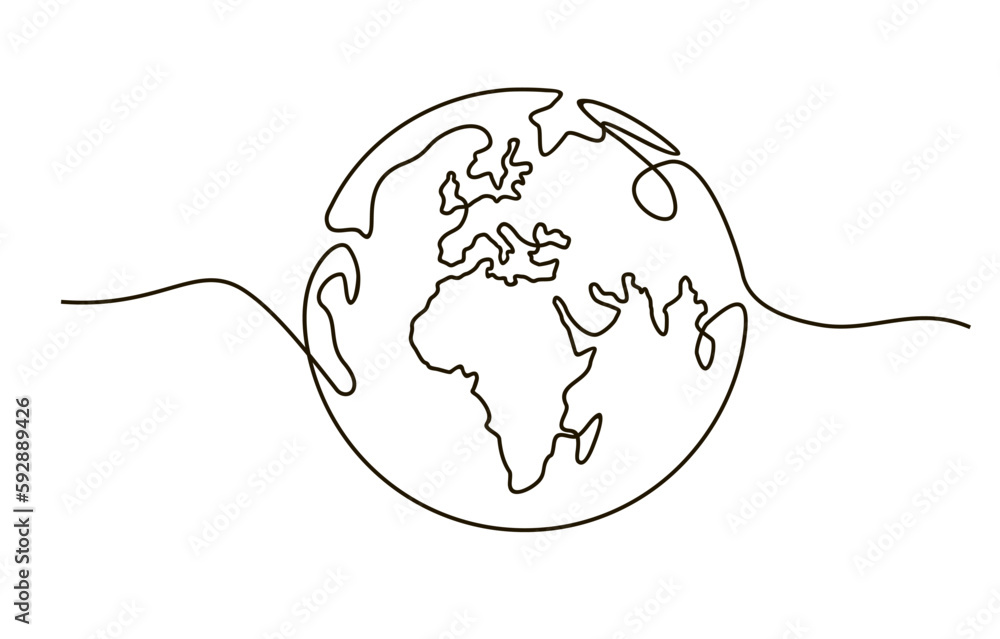Globe. Earth globe one line drawing of world map minimalist vector illustration isolated on white background. Continuous line drawing. Globe. Earth globe one line drawing of world map minimalist vector illustration isolated on white background. Continuous line drawing.