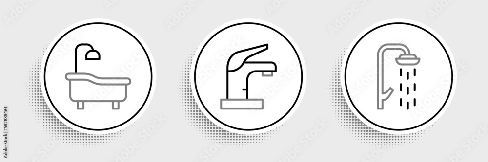Set line Shower, Bathtub and Water tap icon. Vector Set line Shower, Bathtub and Water tap icon. Vector