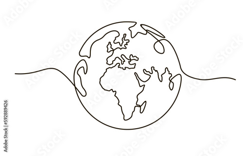 Globe. Earth globe one line drawing of world map minimalist vector illustration isolated on white background. Continuous line drawing. #592889426