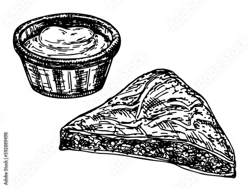 Borek. Gozleme is Turkish pastry. Turkish street food. Baked appetizing Turkish tortillas with feta cheese, potatoes or spinach. Hand drawn vector illustration. of Turkish Food.