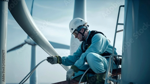 Ouvrier,  ingénieur d'inspection d'une éolienne dans un parc éolien par temps nuageux,  photo