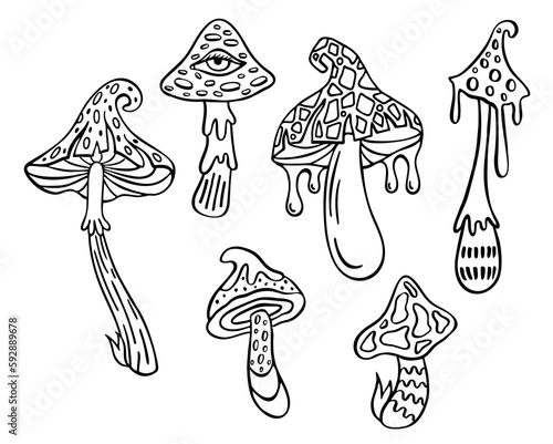 Retro groovy mushrooms set. Cosmogony psychedelic lucidity concept. Hippie party, rave trance music festival. 60s and 70s vibes psychedelic vector fly agaric. Esoteric, abstract trippy art