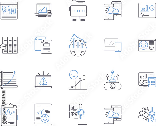 Data and cloud outline icons collection. Data, Cloud, Analytics, Storage, Security, Computing, Services vector and illustration concept set. Saas, BigData, Software linear signs