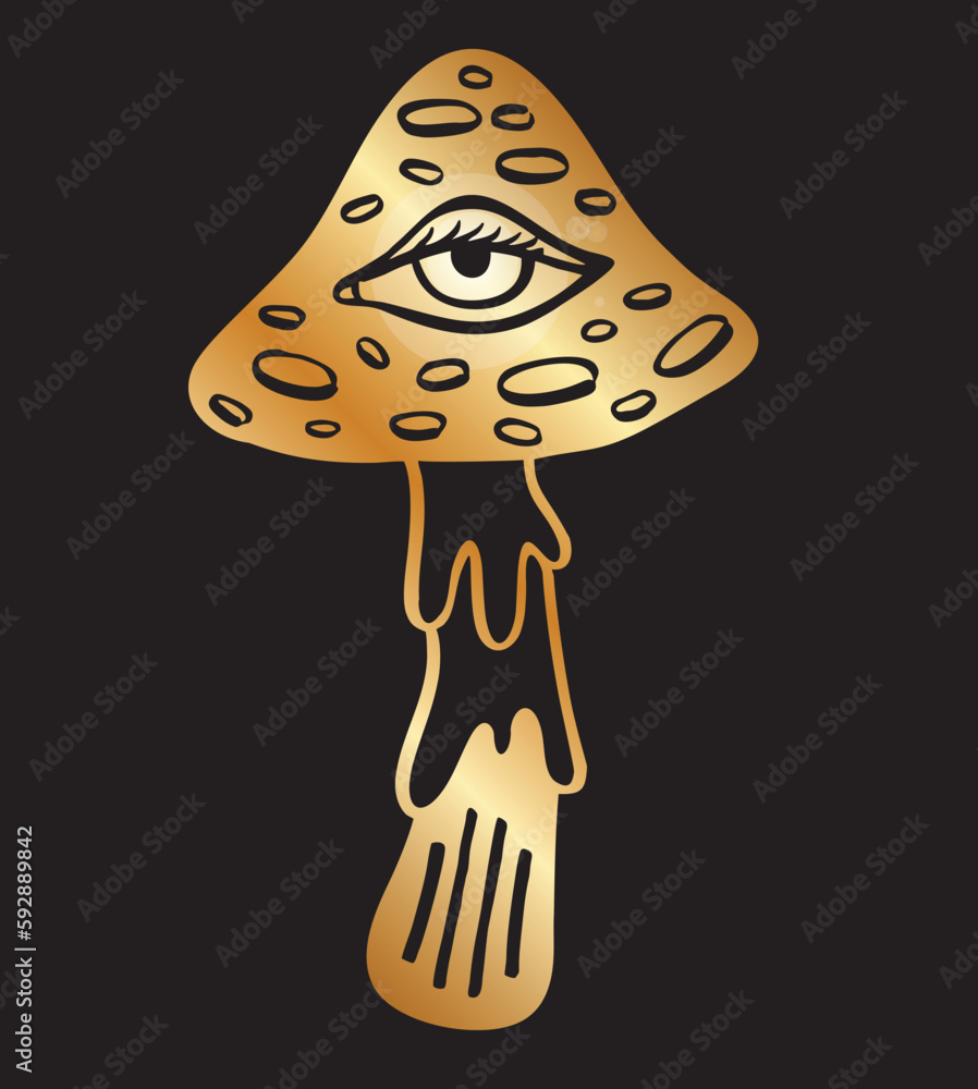 Retro groovy mushroom with one eye. Cosmogony psychedelic lucidity concept. Hippie party, rave trance music festival. 60s and 70s vibes psychedelic vector fly agaric. Esoteric, abstract trippy art Retro groovy mushroom with one eye. Cosmogony psychedelic lucidity concept. Hippie party, rave trance music festival. 60s and 70s vibes psychedelic vector fly agaric. Esoteric, abstract trippy art