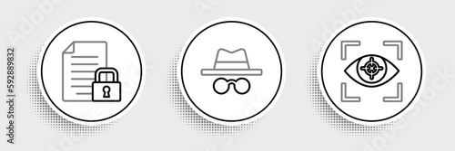 Set line Eye scan, Document and lock and Incognito mode icon. Vector
