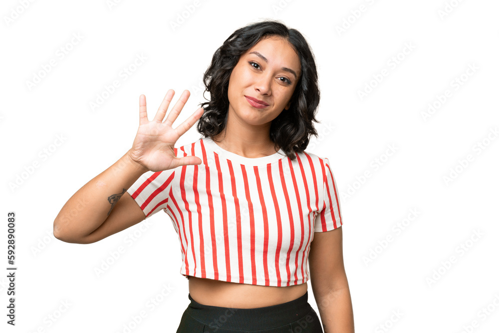 Young Argentinian woman over isolated background counting five with fingers Young Argentinian woman over isolated background counting five with fingers