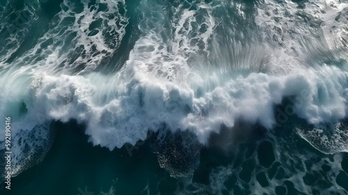 Experience the breathtaking beauty of an aerial top view photo capturing the ocean's splendor. The white waves crashing and splashing in the deep sea create a mesmerizing backdrop.