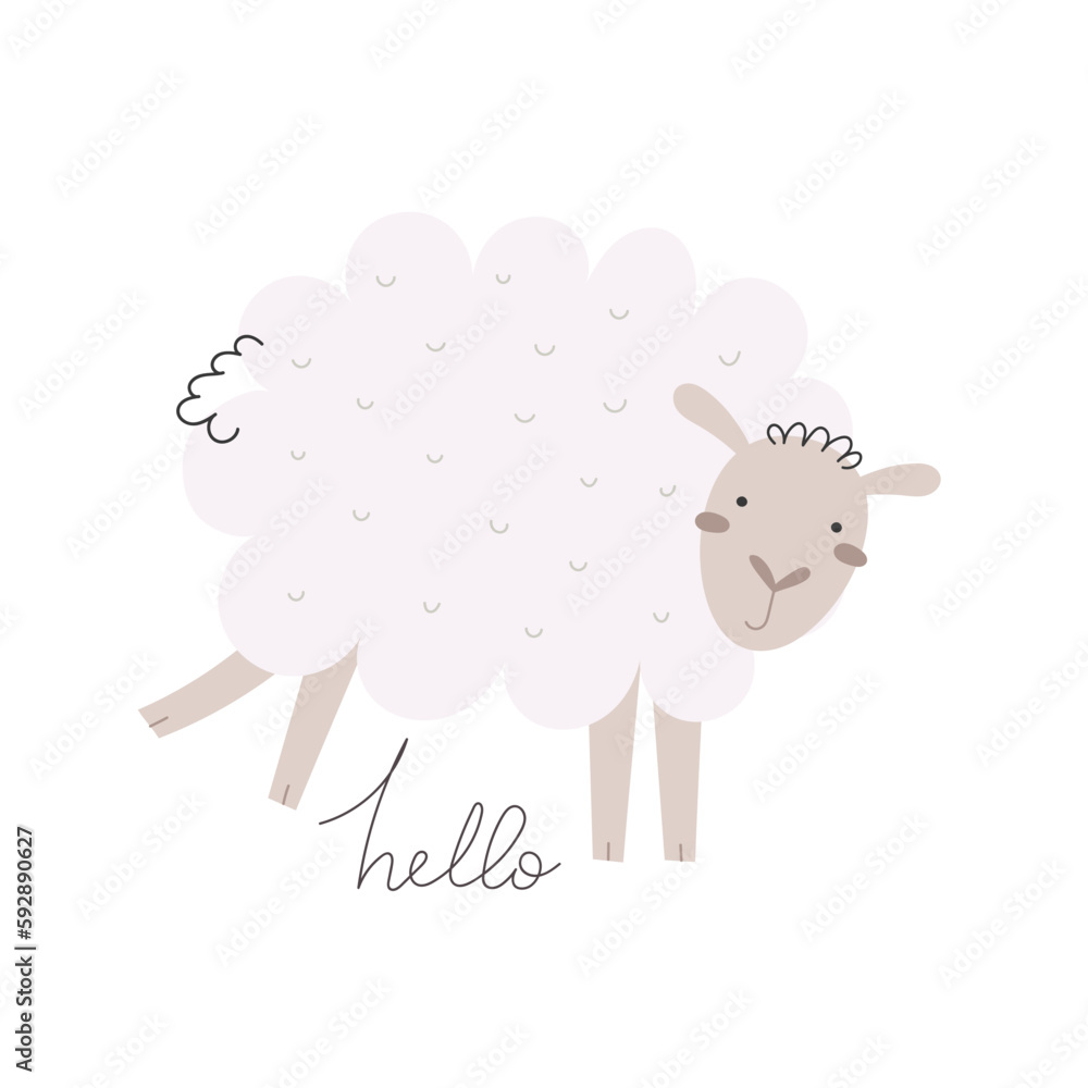 hello. Cartoon sheep hand drawing lettering. flat style, colorful vector for kids. baby design for cards, poster decoration, t-shirt print hello. Cartoon sheep hand drawing lettering. flat style, colorful vector for kids. baby design for cards, poster decoration, t-shirt print