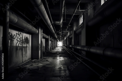 Old abandoned factory. Generative AI.