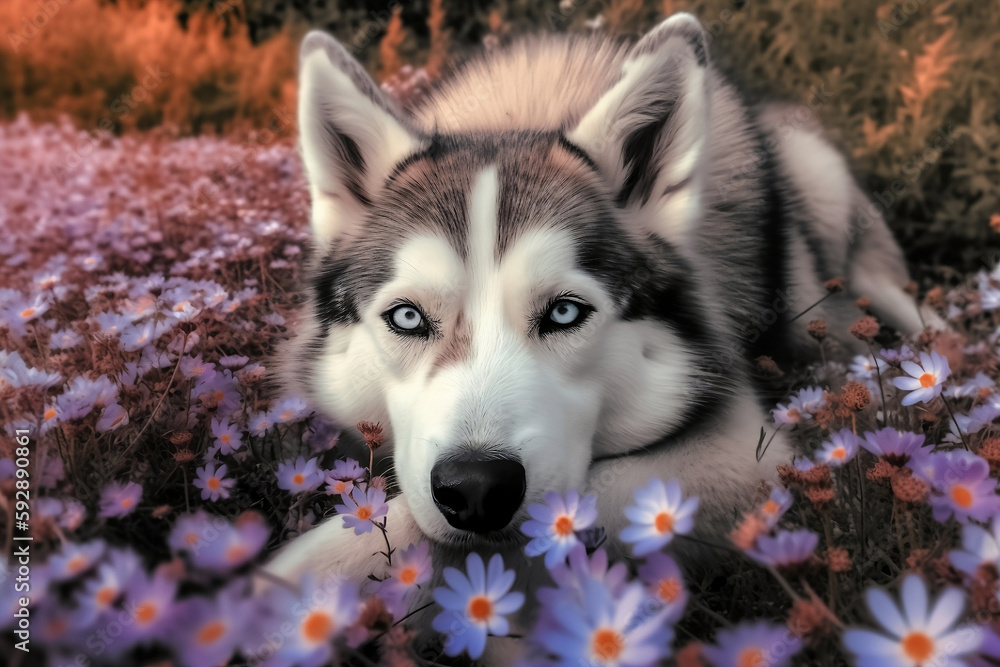 Obraz premium Siberian husky in autumn. Generative AI.