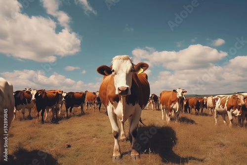 Herd of cows on a farm. Generative AI.
