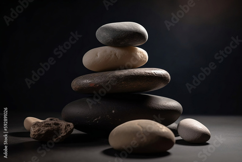 Zen stones on black background. Generative AI  Generative  AI