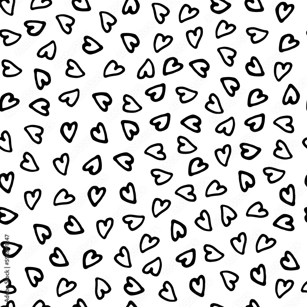 Seamless pattern of hand drawn hearts- illustration. Monochrome ornament.