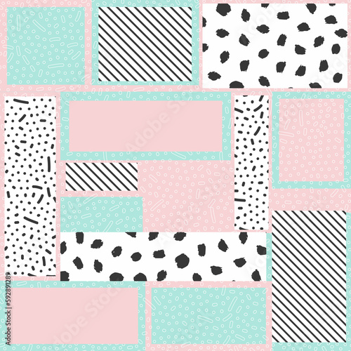 Geometric seamless pattern of rectangles with different textures illustration. Banner postcard art design. Creative design combination of geometry with hand-drawn prints.